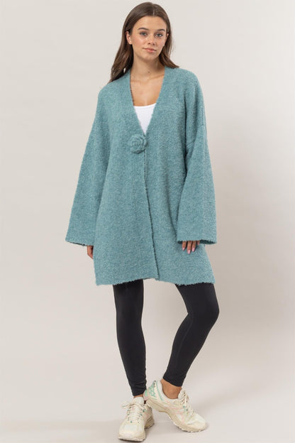 Ocean Blue Front Rosette Longline Slit Sweater Cardigan