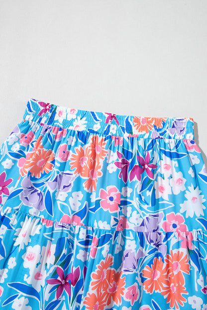 Sky Blue Floral Printed High Waist Split Wrap Long Skirt