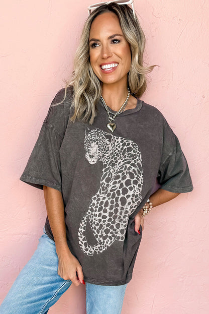 Medium Grey Vintage Cheetah Printed Mineral Wash Graphic Tee