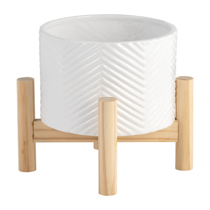 White Ceramic Chevron Planter w/ Wood Stand