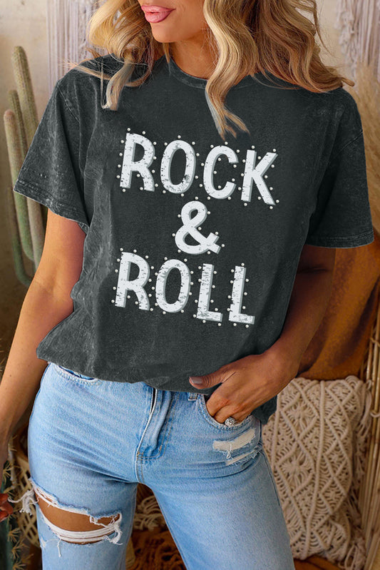 Camiseta negra con cuello redondo y estampado de lavado mineral con cuentas ROCK &amp; ROLL