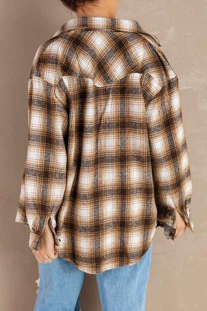 Button Up Collared Flannel Shirt Shacket with Flap Pockets