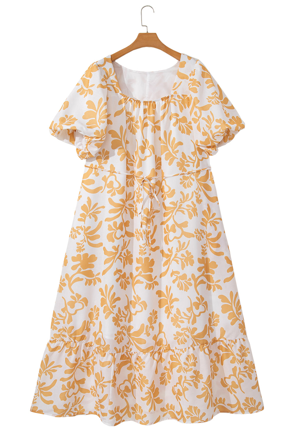 Apricot Floral Print Puff Short Sleeve Plus Size Maxi Dress