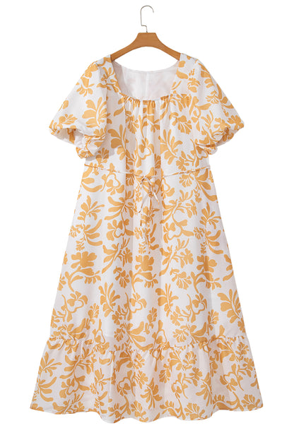 Apricot Floral Print Puff Short Sleeve Plus Size Maxi Dress