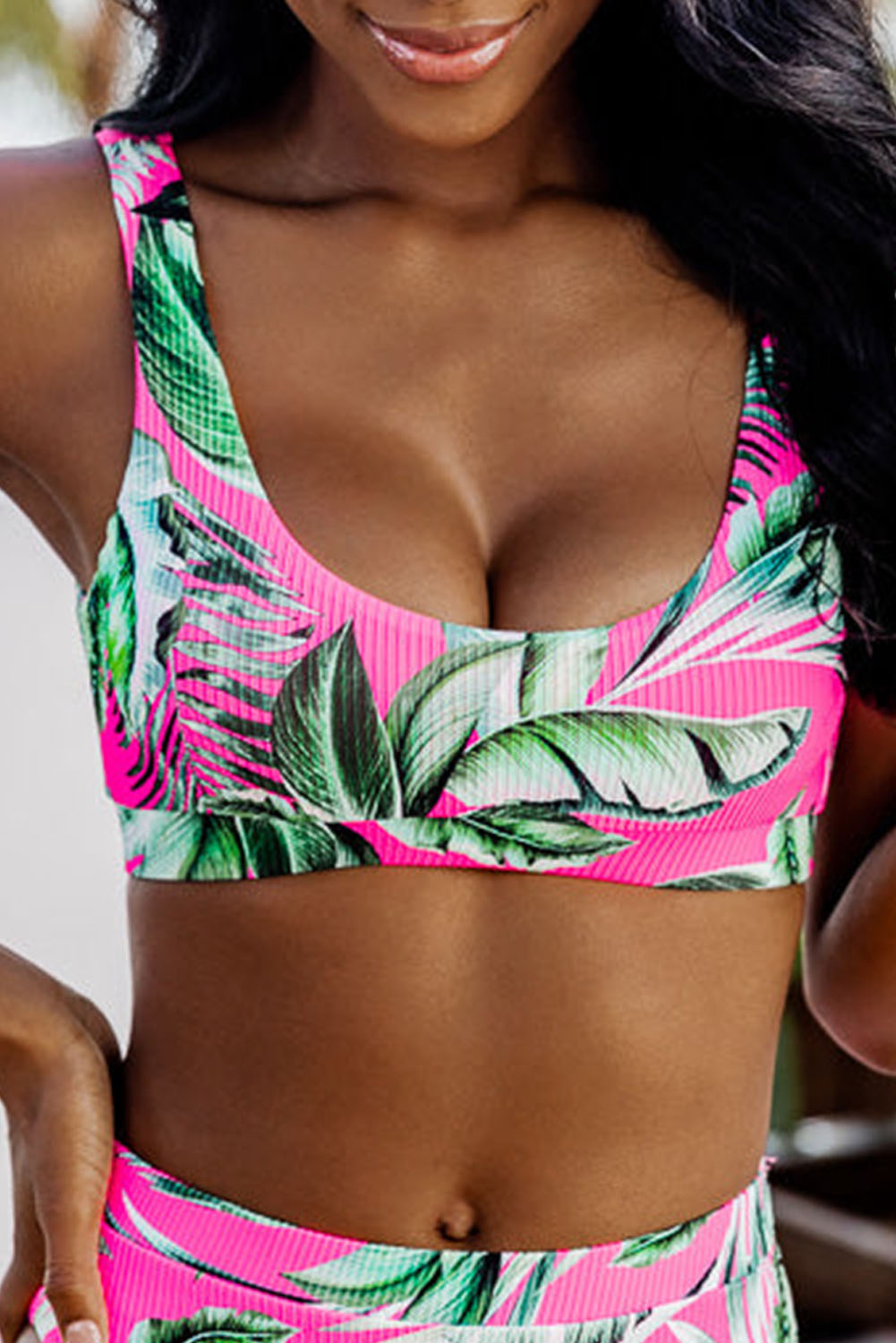 Rose Tropical Plant Print Ribbed Bikini Top