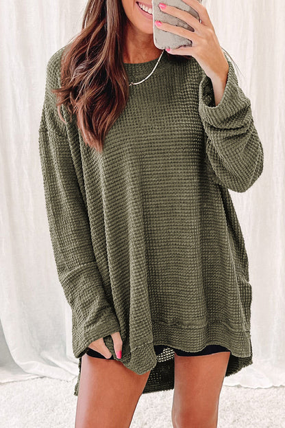 Waffle Knit Drop Sleeve High Slits Oversized Top