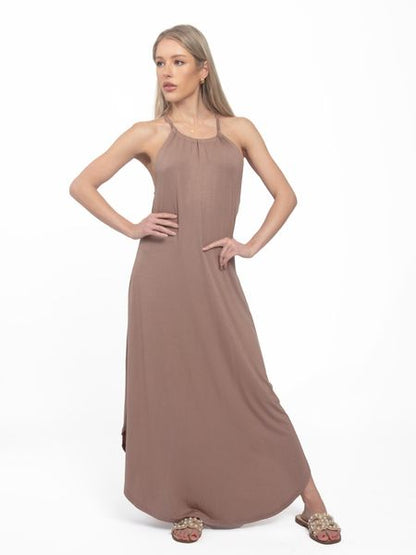 Brown Summer Halter Sleeveless Maxi Dress