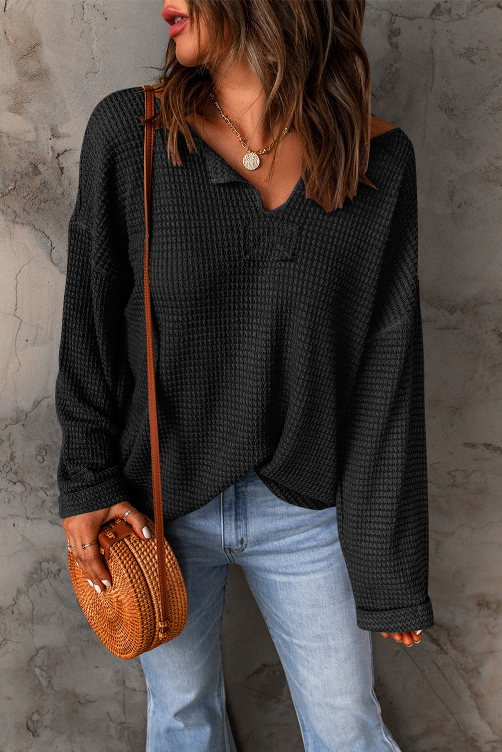 Waffle Drop Shoulder Long Sleeve Top