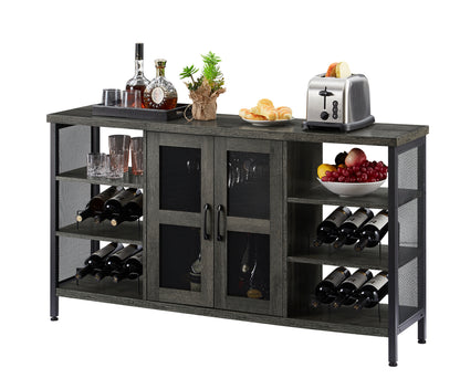 Black Gray Industrial Wine Bar Cabinet w/ Wine Racks & Stemware Holder