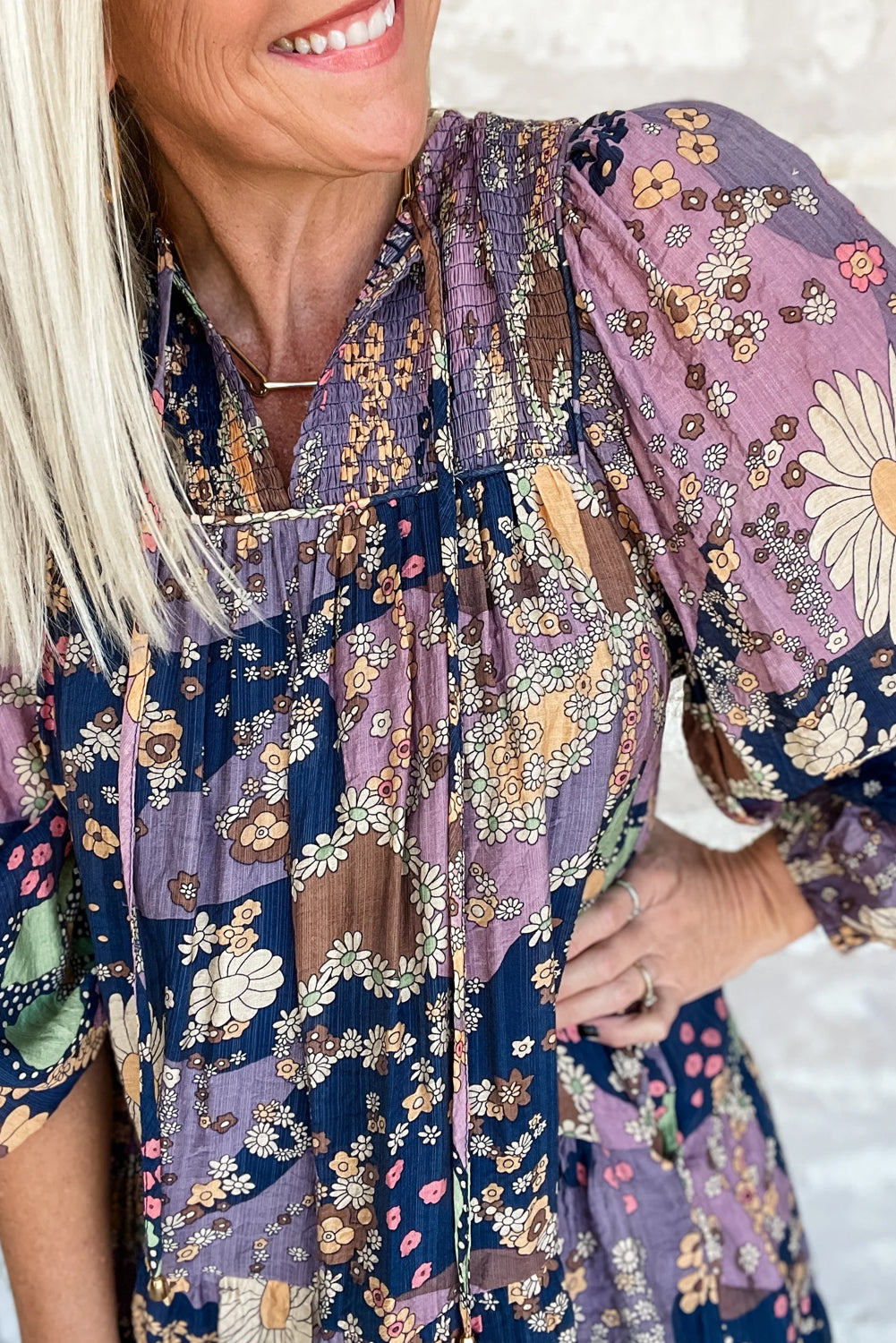 Purple Boho Floral Print Puff Sleeve Flowy Mini Dress