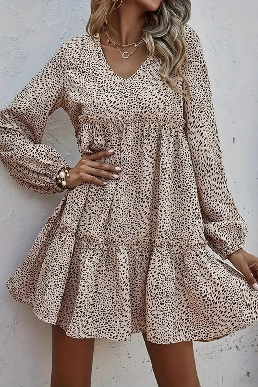 Apricot Leopard Print Flowy Frill Tiered Mini Dress