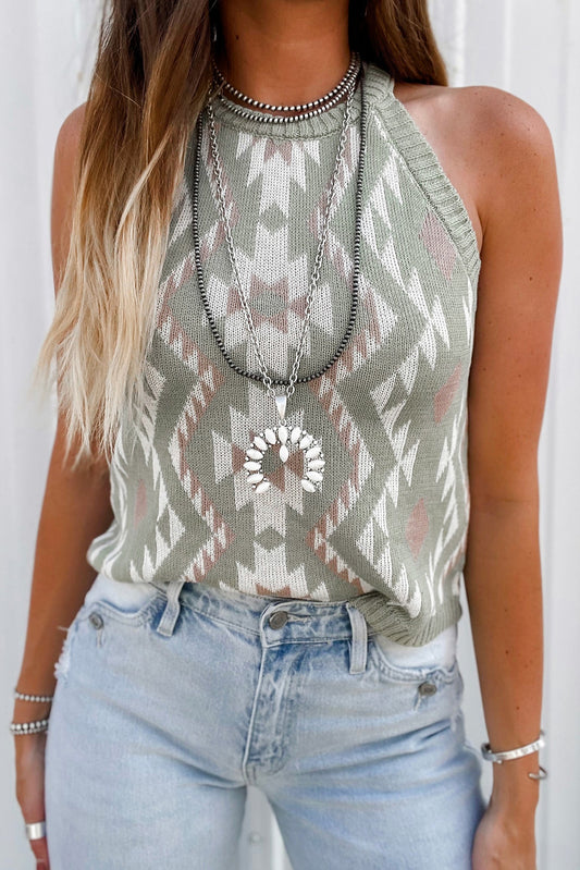 Laurel Green Tribal Geometric Pattern Knit Tank Top