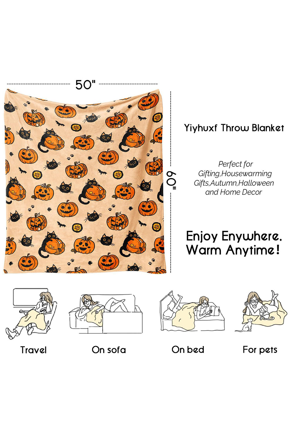 Russet Orange Halloween Pumpkin Print Fleece Blanket