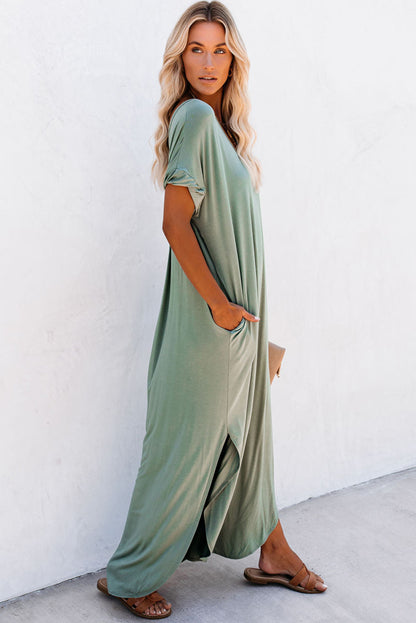 Grass Green Solid Color Hidden Pocket V Neck Slit Maxi Dress