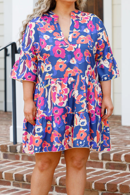 Blue Plus Size Floral Print Bell Sleeve Mini Dress