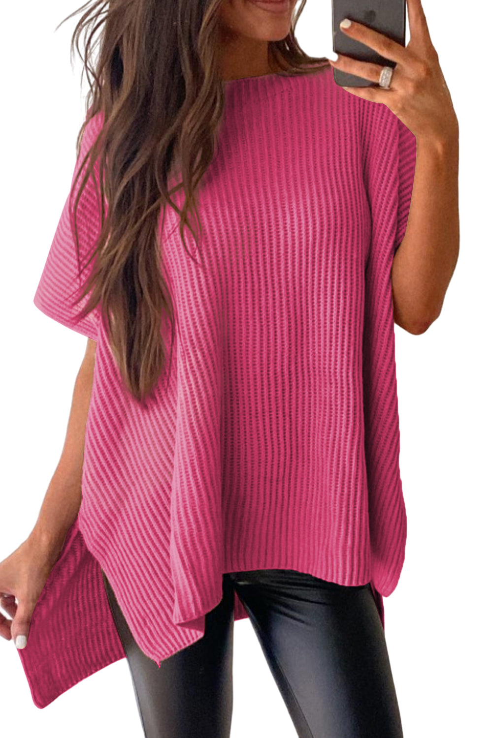 Rose Red Side Slit Short Sleeve Oversized Sweater