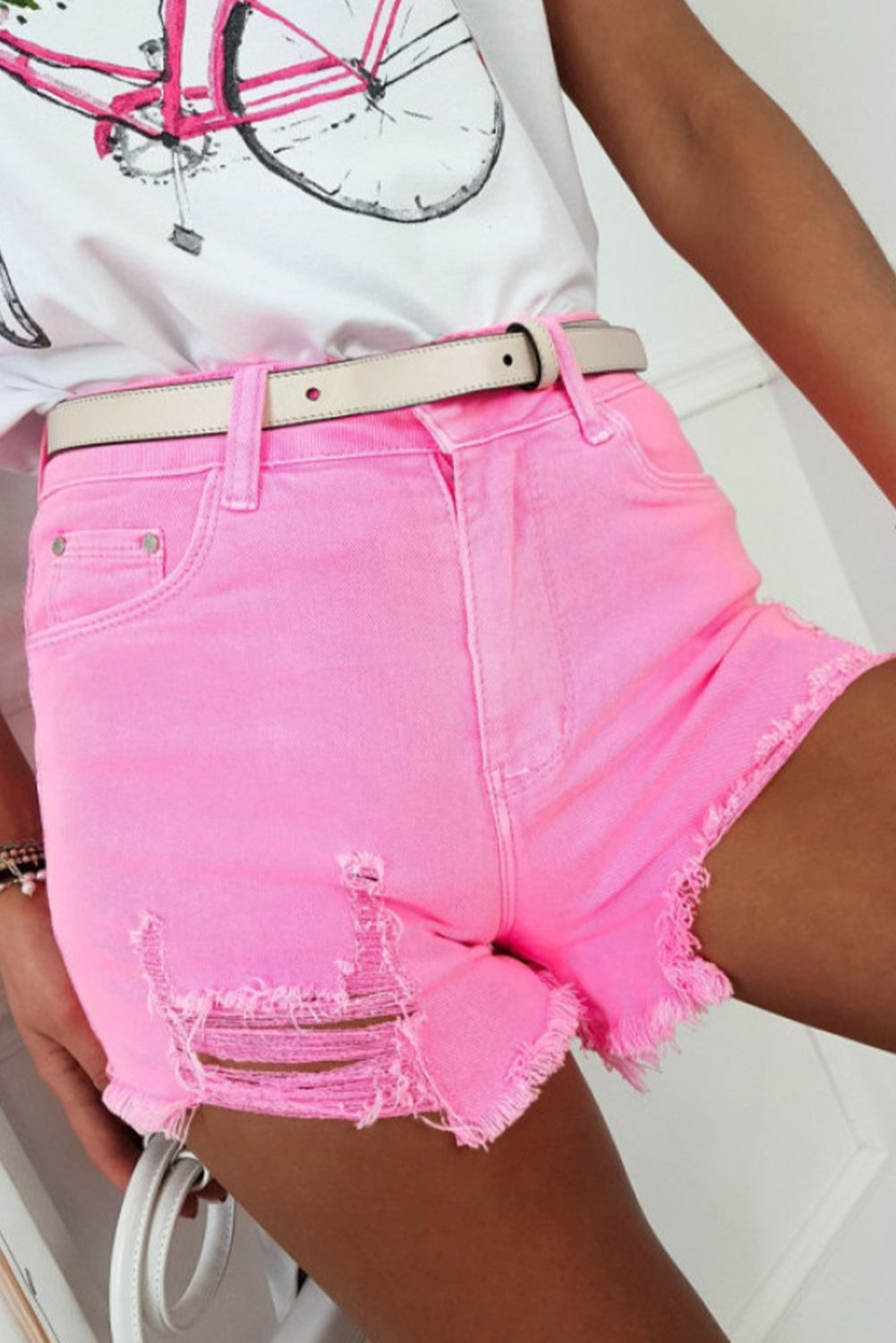 Black Solid Color Distressed Denim Shorts