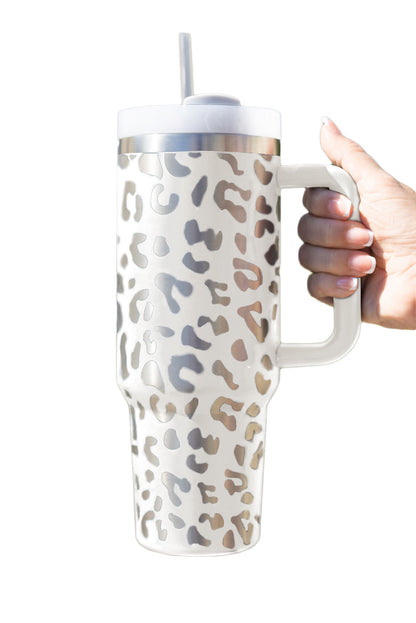 Pink 40oz Stainless Steel Portable Leopard Tumbler Mug With Handle