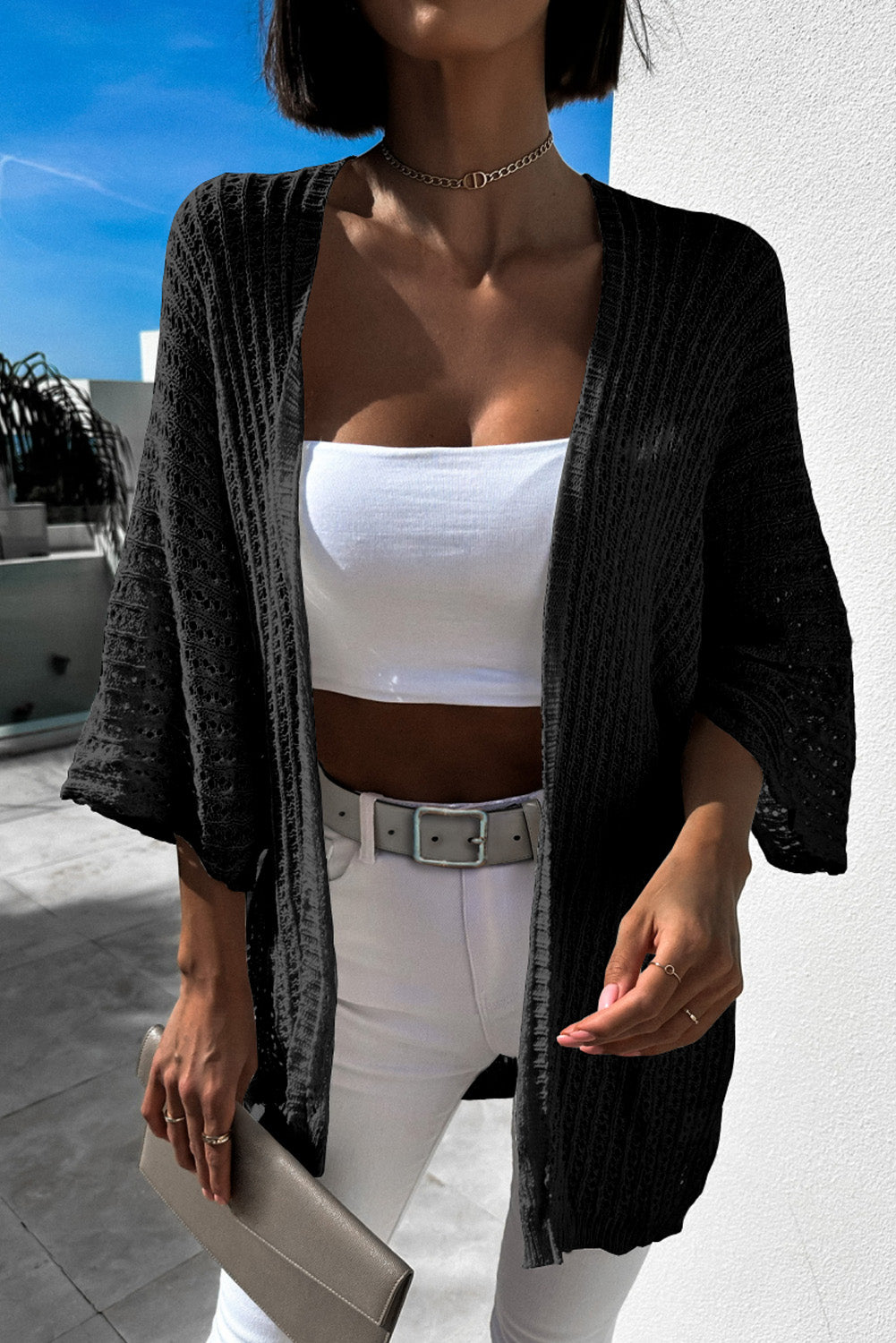 Black Hollow-out Bracelet Sleeve Knit Cardigan