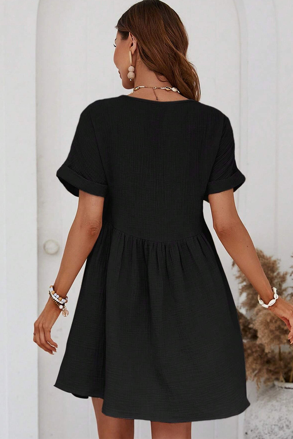 Black Folded Short Sleeve Lace V Neck Mini Dress