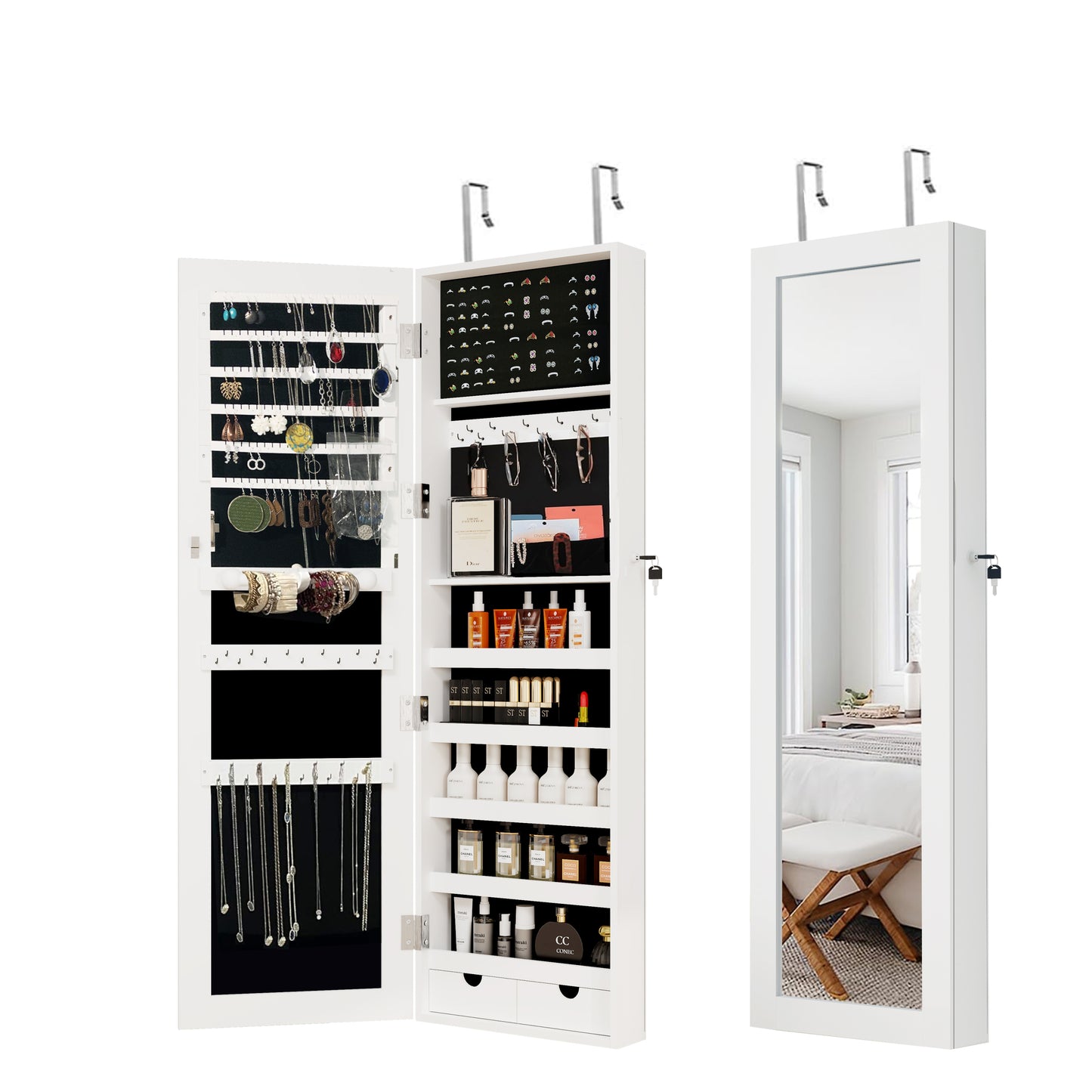 White Mirror w/ Lockable Jewelry Armoire Organizer