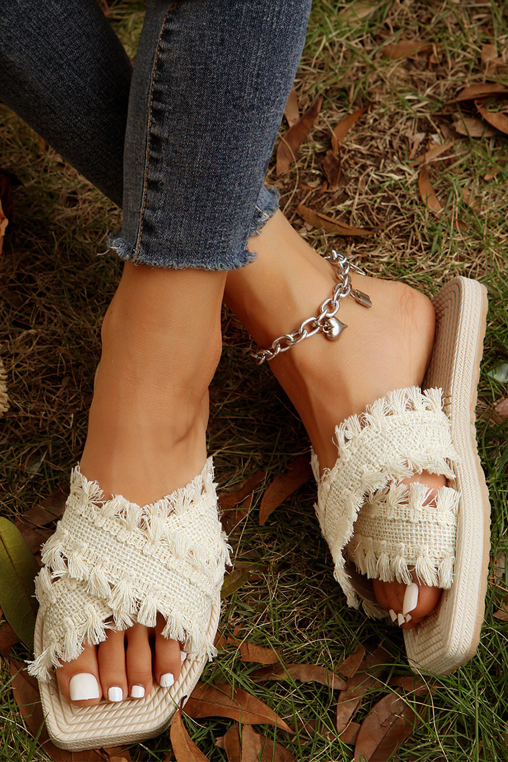 Beige Tassel Woven Crossed Straps Flat Sandels