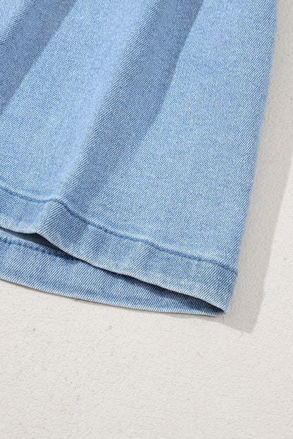 Dusk Blue Pleated Patchwork Wide Leg Lightweight Denim Shorts