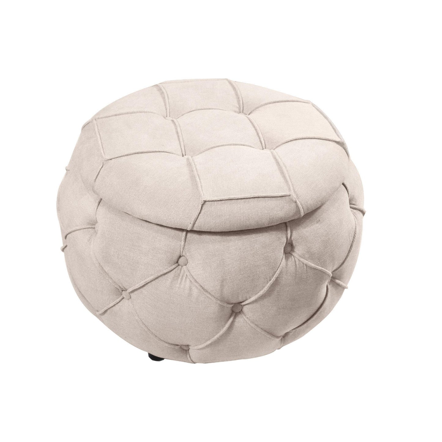 Beige Large Button Tufted Woven Round Storage Footstool