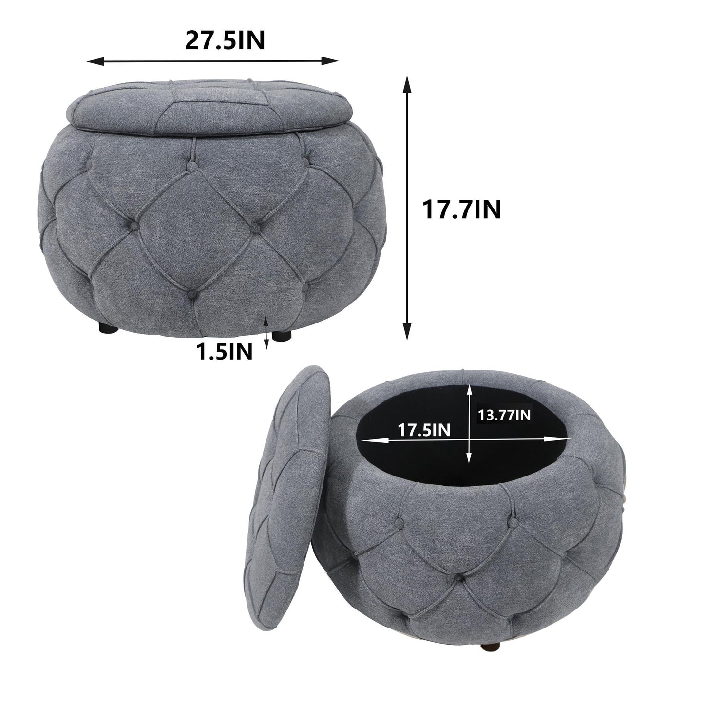 Grey Large Button Tufted Woven Round Storage Footstool