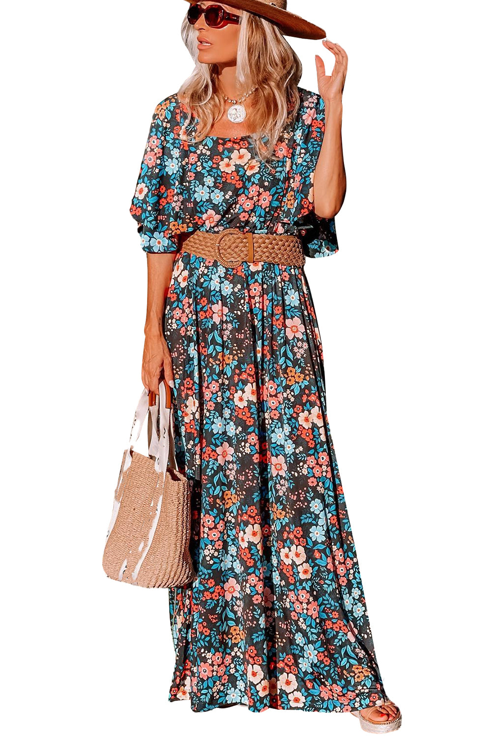 Vestido largo sin espalda anudado con estampado floral boho azul cielo