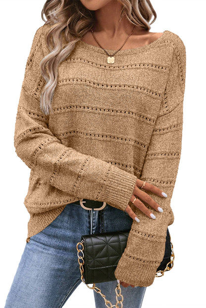 Boat Neck Drop Shoulder Pointelle Knit Sweater