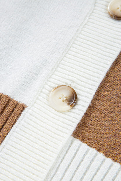 Khaki Checkered Pattern Button V Neck Ribbed Knit Cardigan