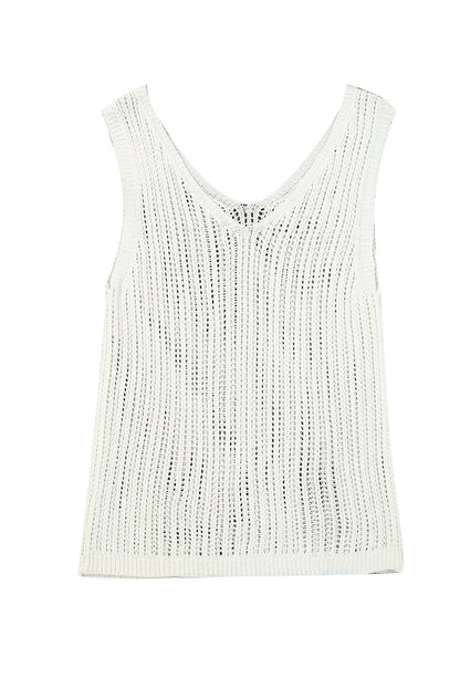 Khaki Hollowed Knit V Neck Tank Top