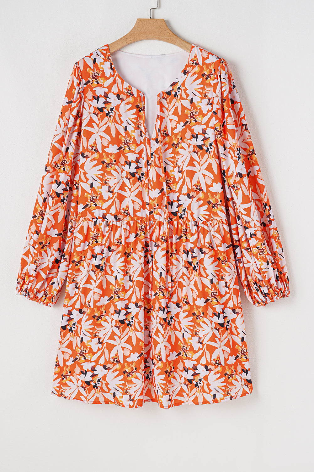 Orange Floral Print Split V Neck Bubble Sleeve Plus Size Midi Dress