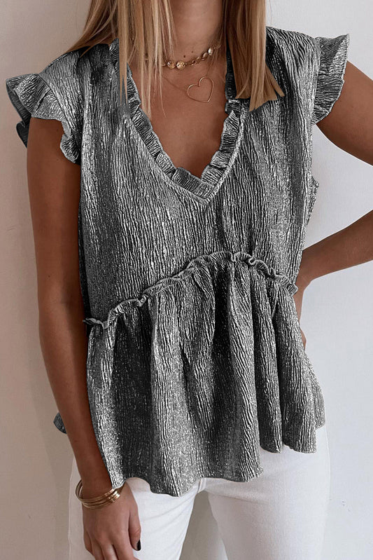 Black Frilled V Neck Metallic Crinkle Sleeveless Blouse