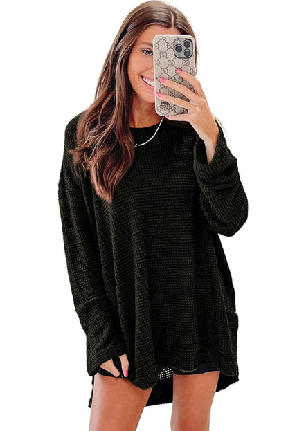 Waffle Knit Drop Sleeve High Slits Oversized Top