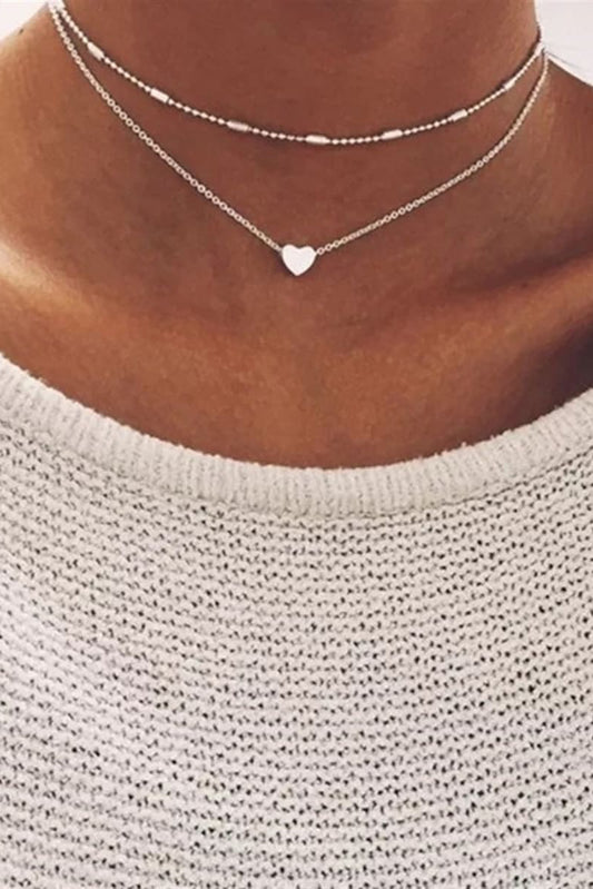 Collar de cadena en capas en forma de corazón de San Valentín de plata 