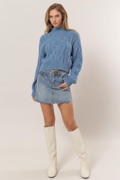 Cable-Knit Mock Neck Dropped Shoulder Sweater