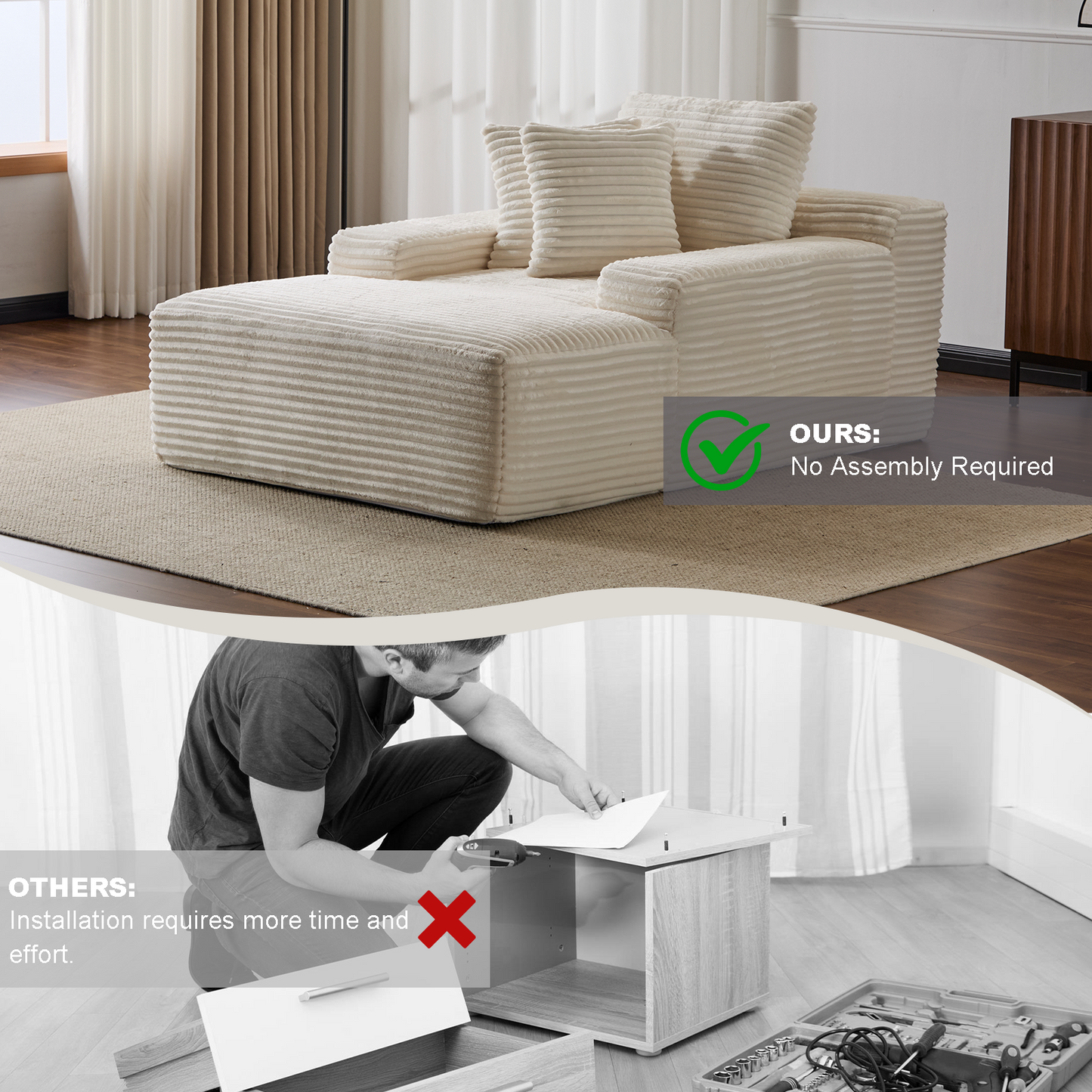 White Corduroy Plush Oversized Chaise Lounge Chair