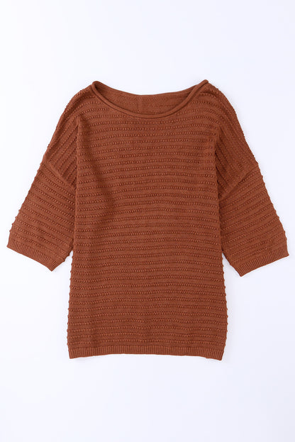 Brown Solid Color Rib-Knit Drop Sleeve Side Slits Top