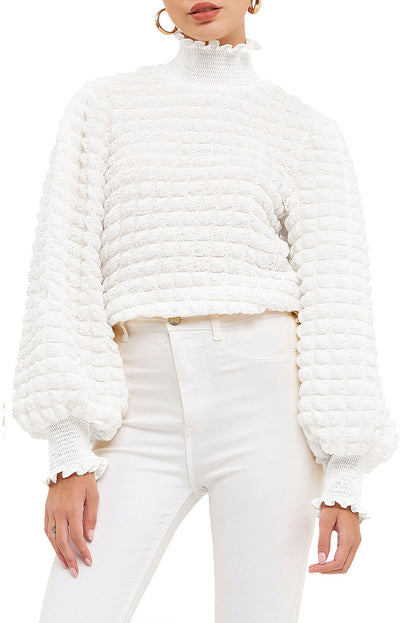 White Textured Smocked Mock Neck Puff Sleeve Blouse