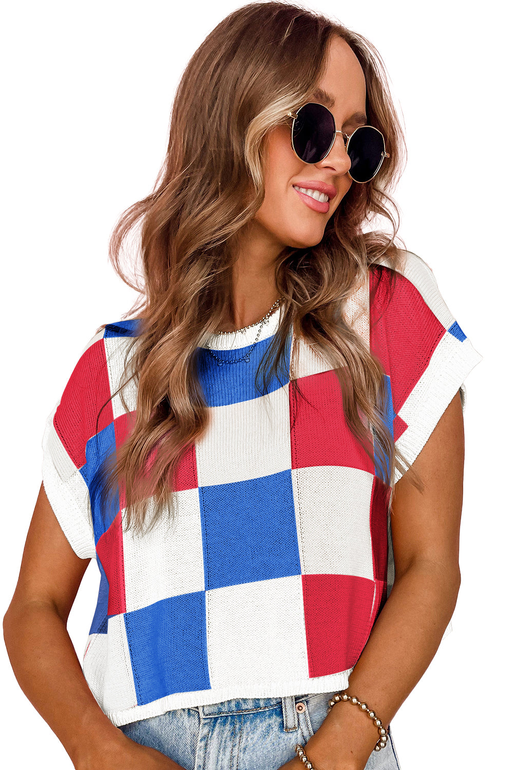 Fiery Red Checkered Color Block Cap Sleeve Knitted Top