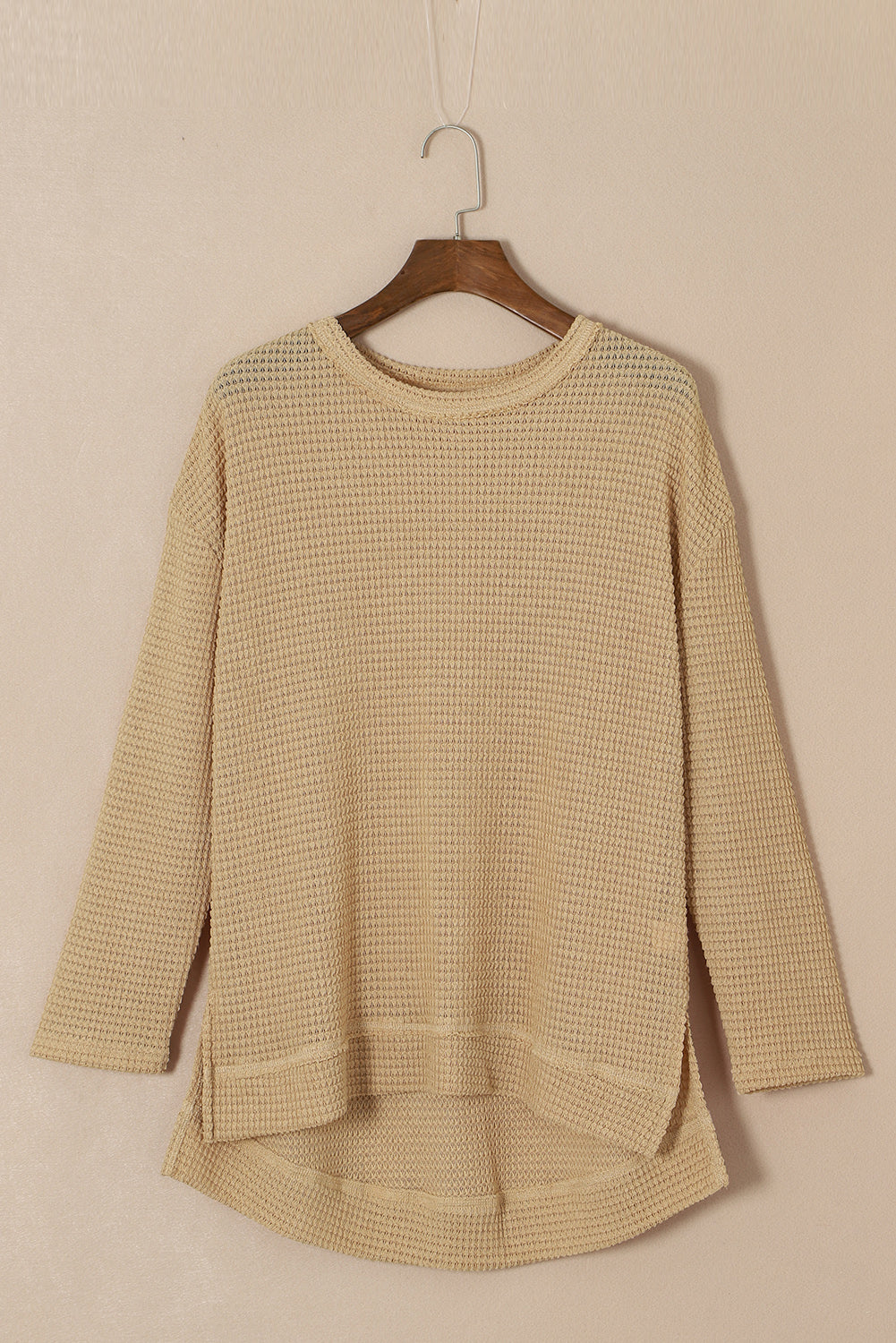 Waffle Knit Drop Sleeve High Slits Oversized Top