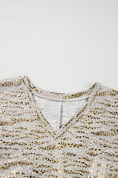 Gray Leopard Print Half Sleeve V Neck Loose Fit T Shirt