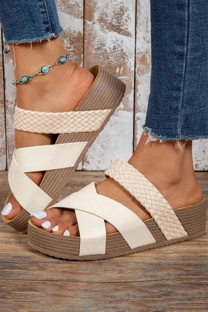 Beige Braided Detail Criss Cross Platform Sandals