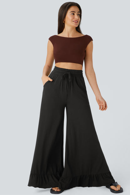 Black Ruffled Wide Leg Pull On High Waist Pants with Pockets