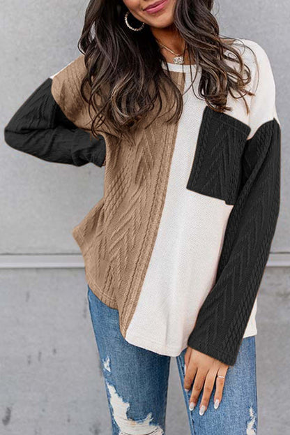 Long Sleeve Colorblock Chest Pocket Textured Knit Top