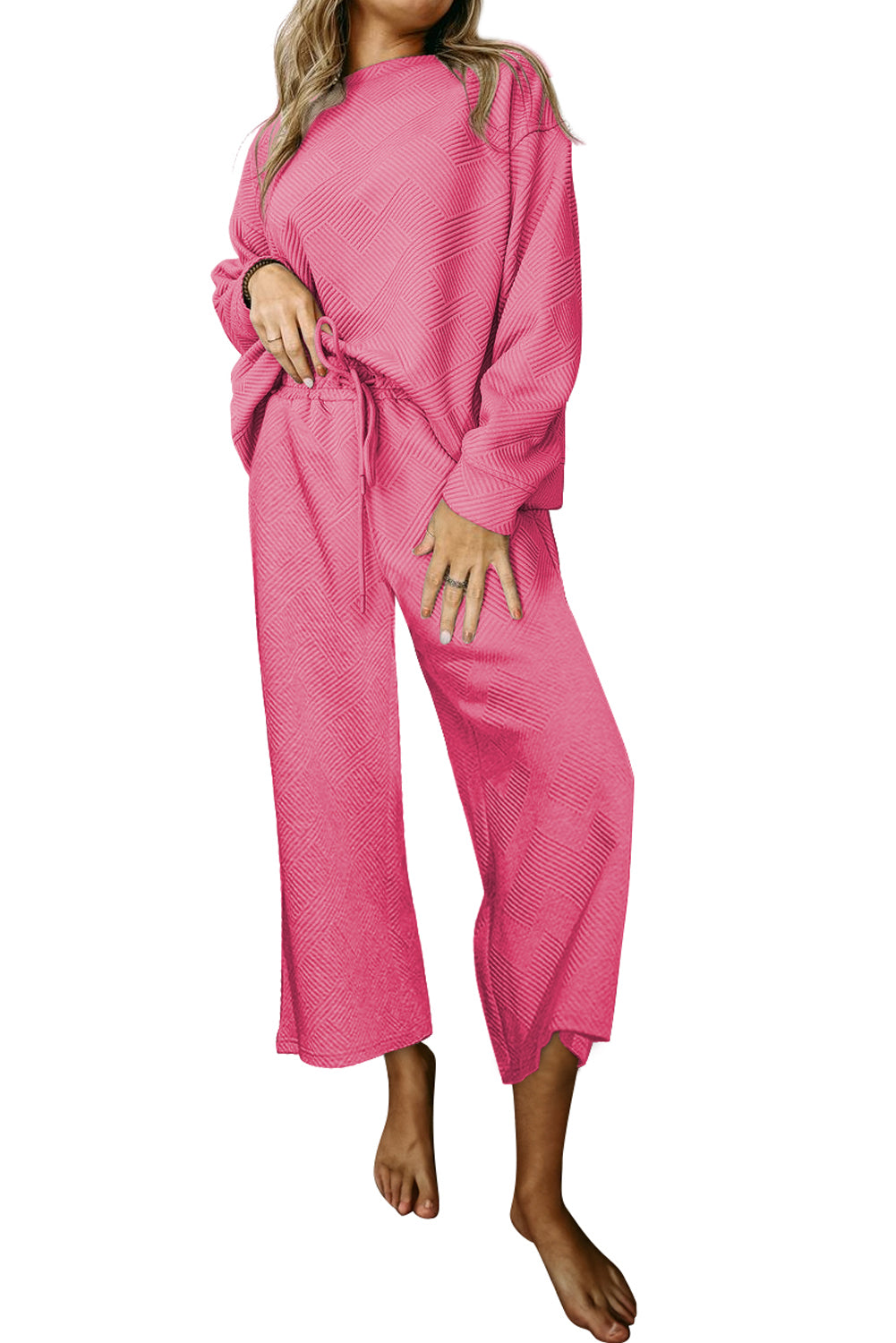 Strawberry Pink Textured Loose Slouchy Long Sleeve Top and Pants Set