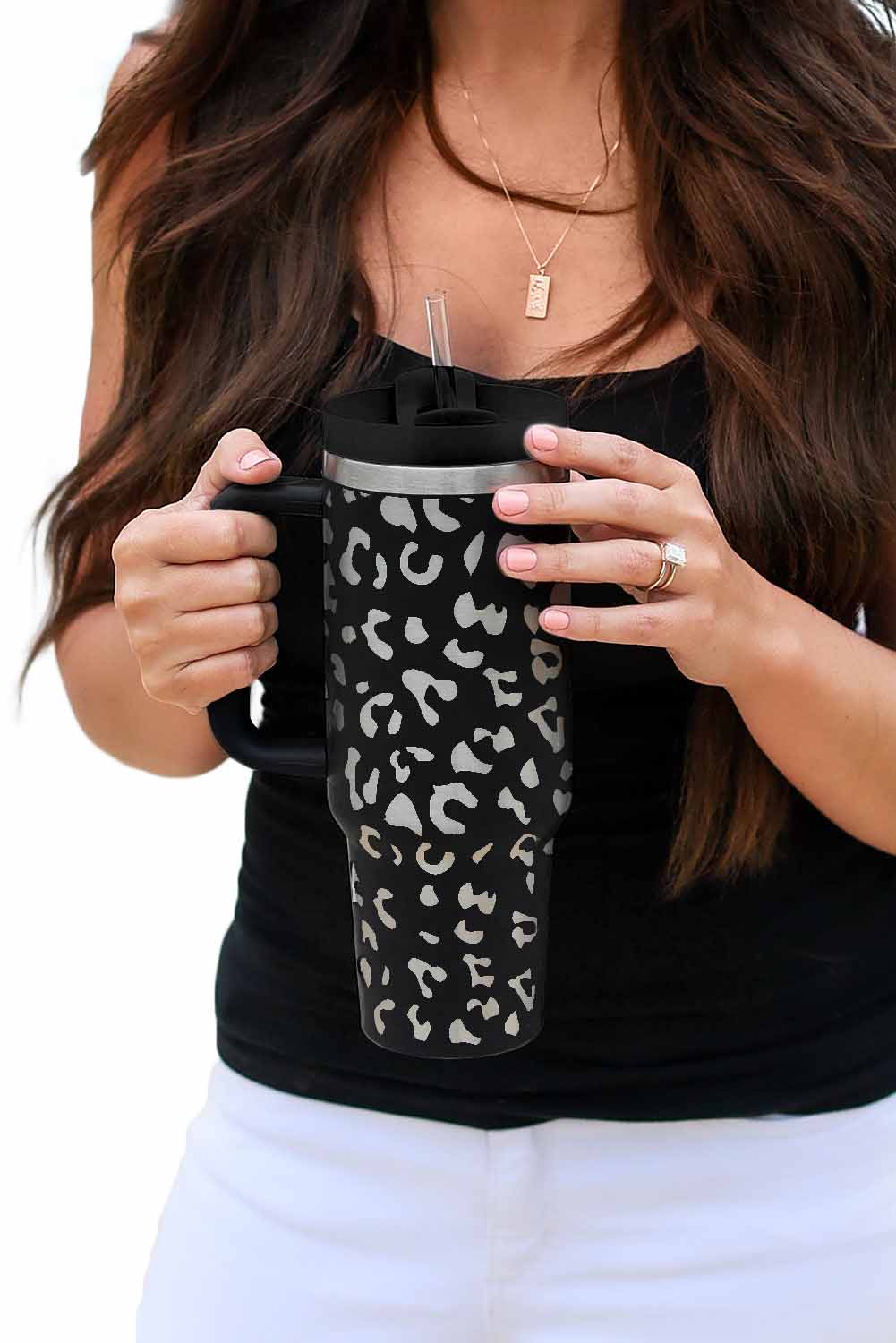 Pink 40oz Stainless Steel Portable Leopard Tumbler Mug With Handle