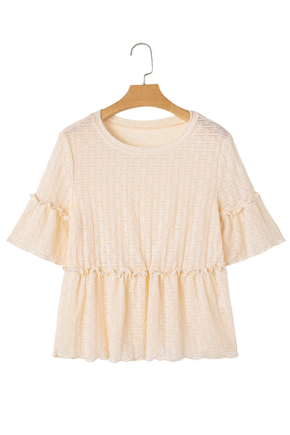 Beige Solid Color Lace Textured Ruffle Blouse